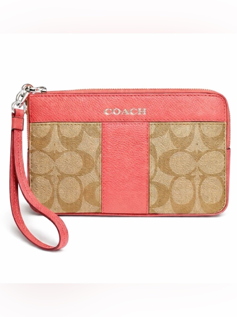 Coach Signature Canvas Wristlet in Coral and Tan